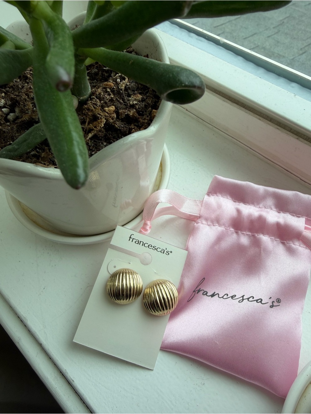 Francesca's Collections Gold Ribbed Dome Stud Earrings with Pink Pouch